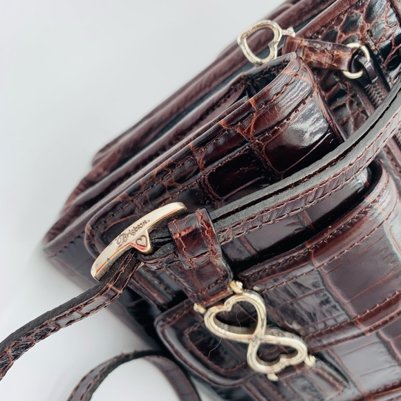 BRIGHTON✨Vintage Chestnut Croc Embossed Leather Organizer Crossbody - Picture 3 of 14